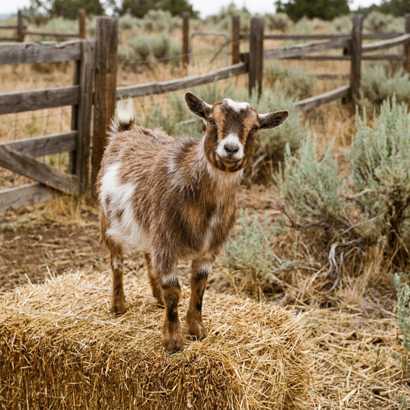A friendly small goat on a straw bale