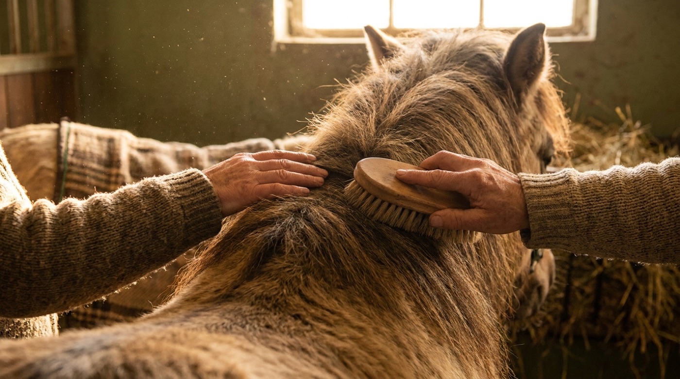 A person's hands gently grooming a calm pony's neck