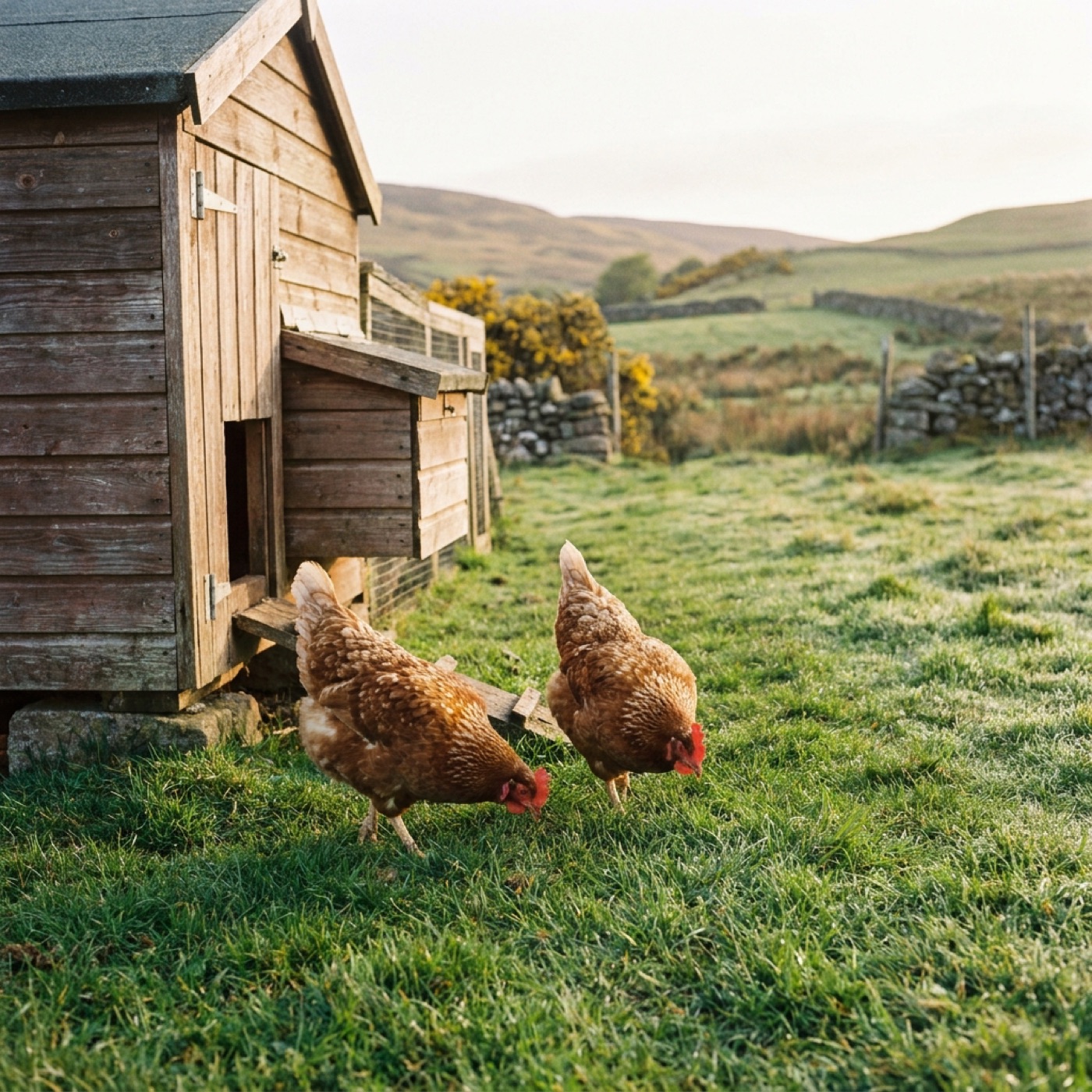 Two friendly hens beside a henhouse