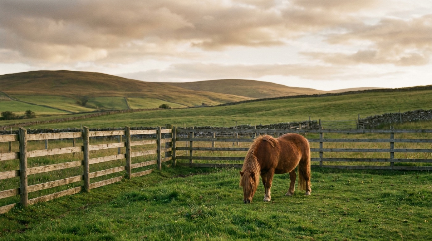 A gentle pony grazing in a quiet Scottish paddock at golden hour