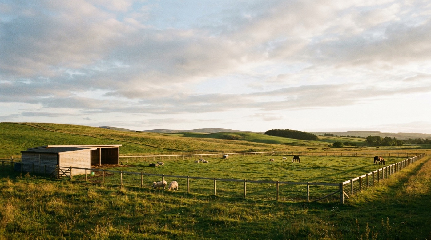 The two-acre paddock with a timber stable block and rolling hills