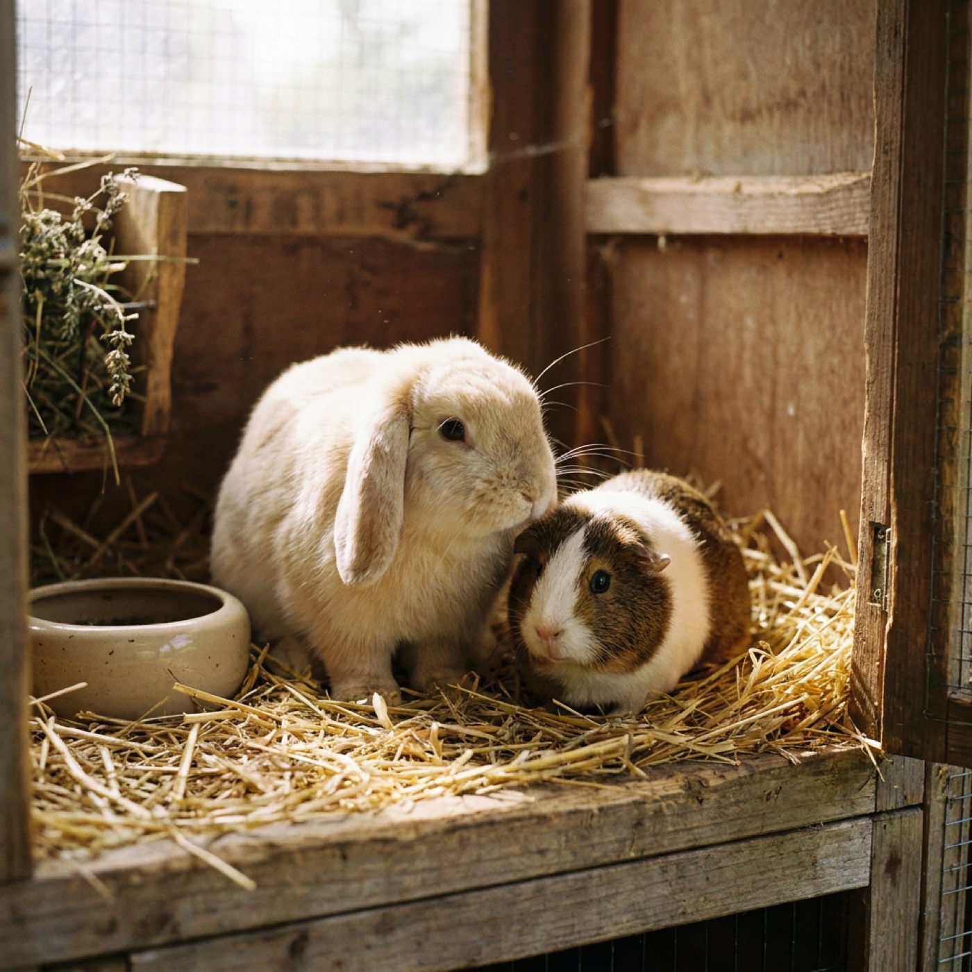 A rabbit and guinea pig together on straw