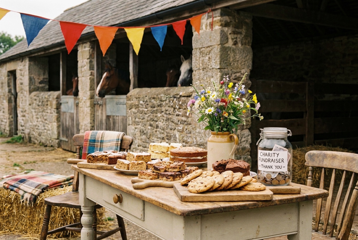 A charity fundraising table with homemade cakes and a donation jar