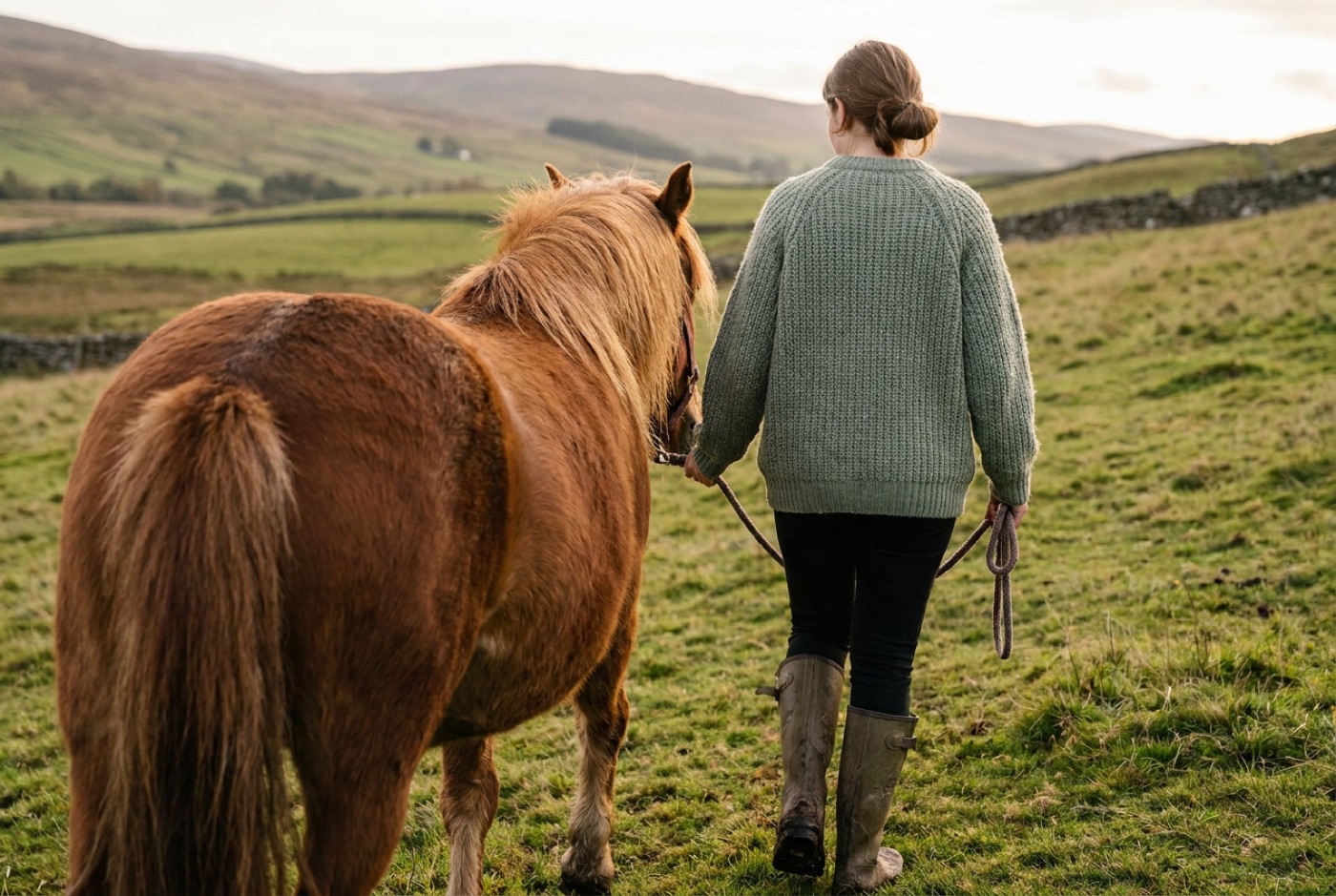 A volunteer leading a calm pony across a paddock