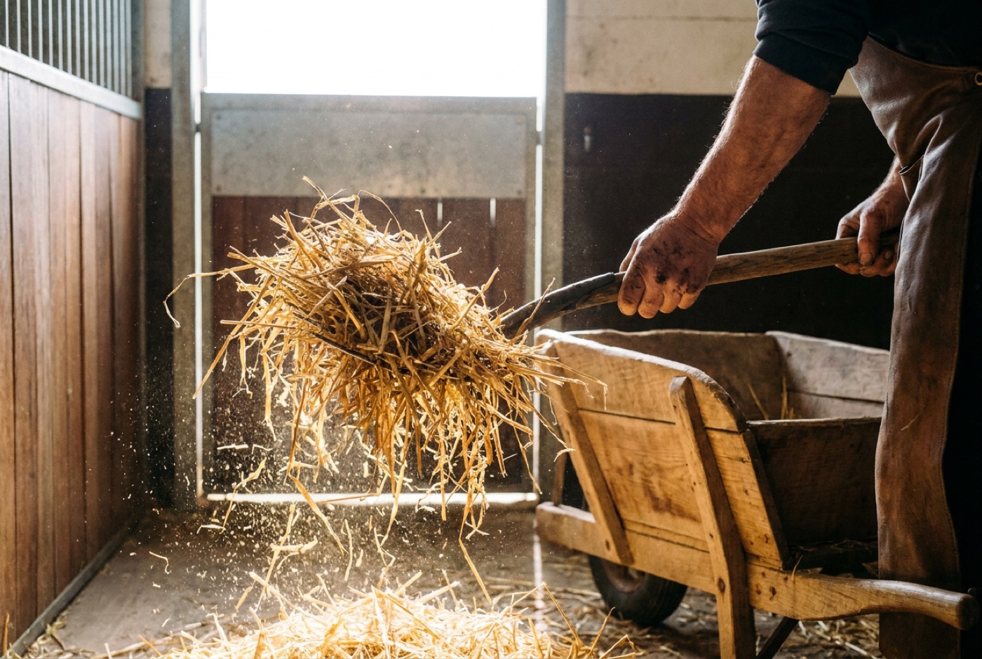 Hands forking fresh straw in a clean stable