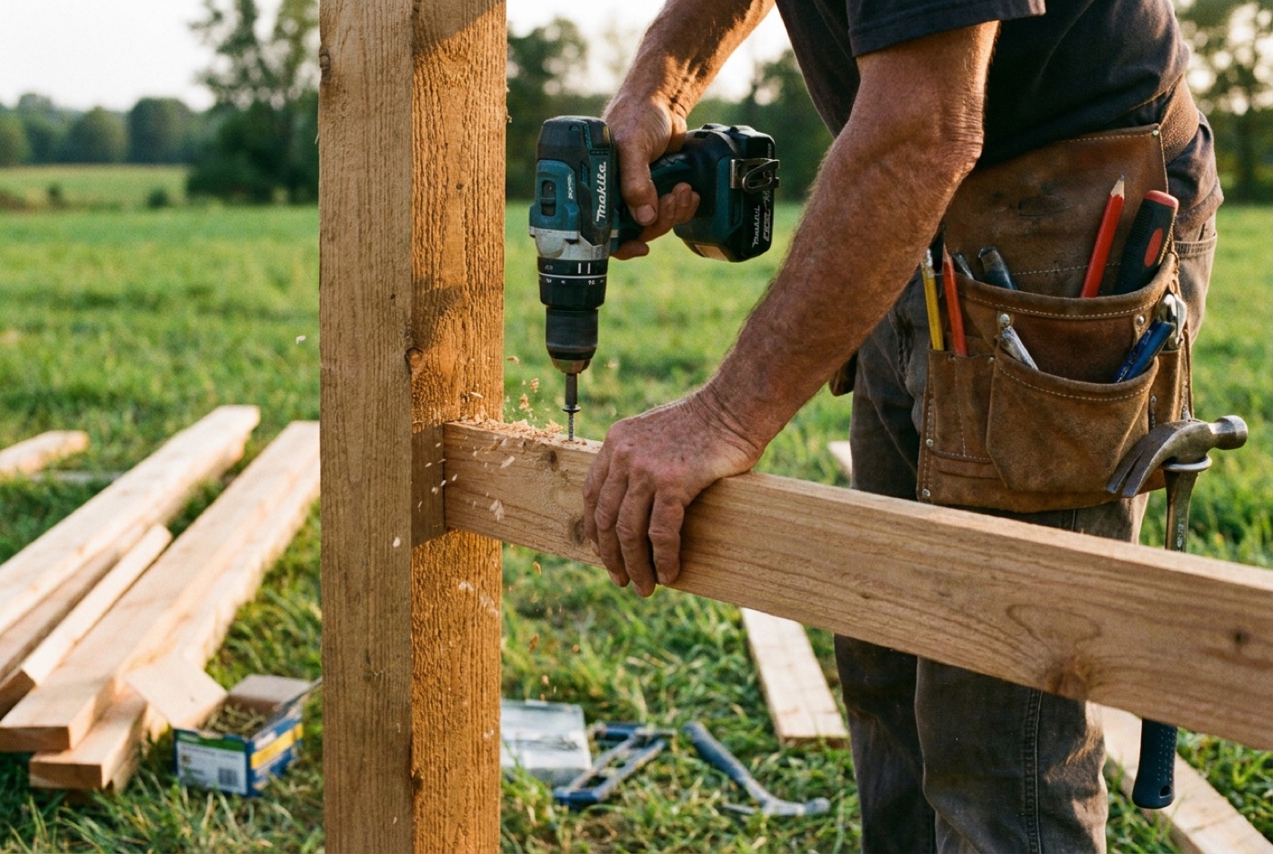 Hands building a wooden post-and-rail fence