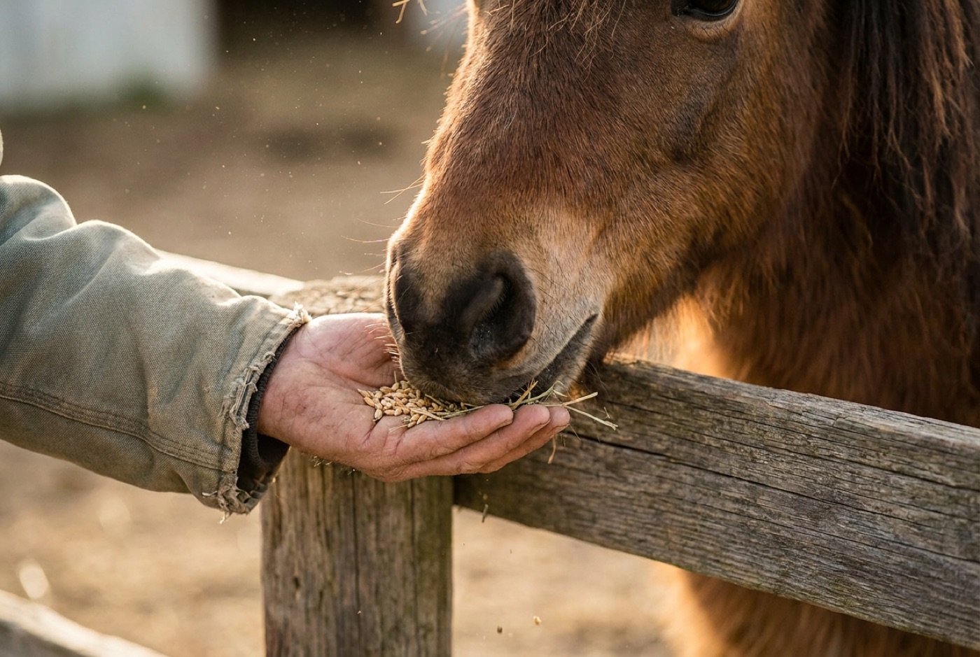 A hand offering feed to a friendly pony